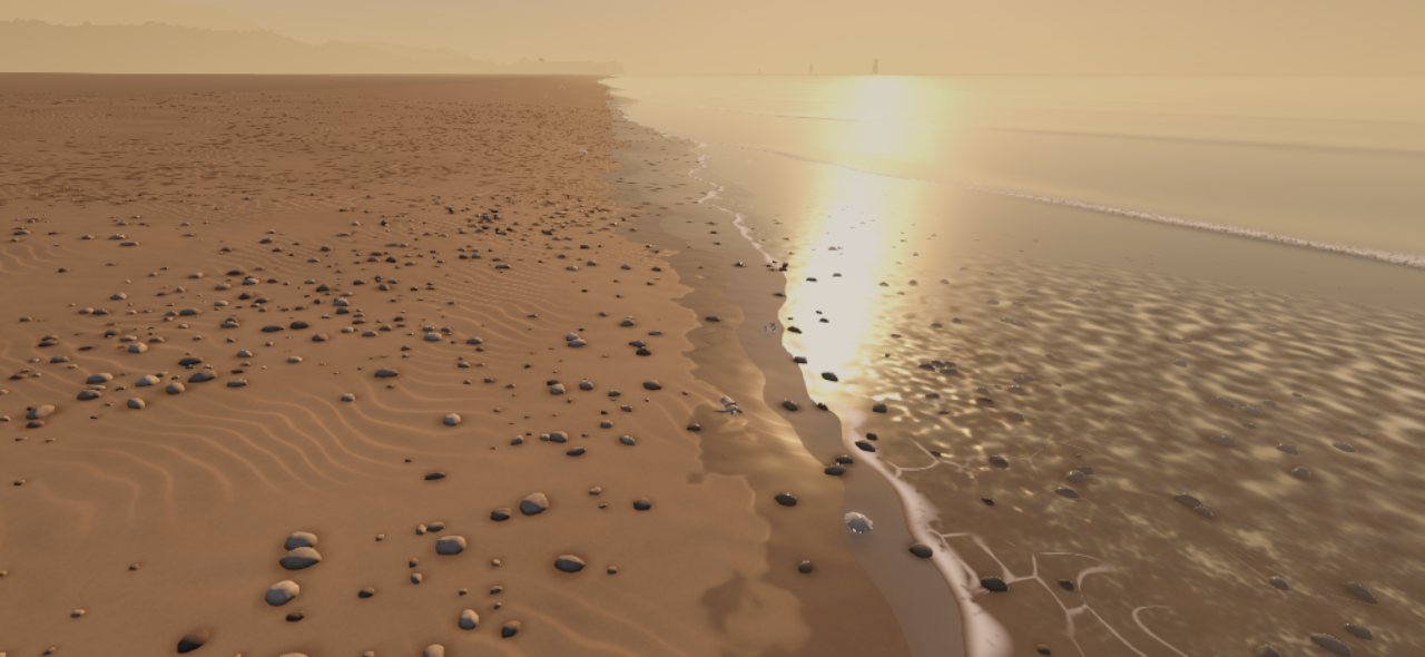 The beach in the game at golden hour: pebbles on wet sand, a wave running up, the sun low over the sea.