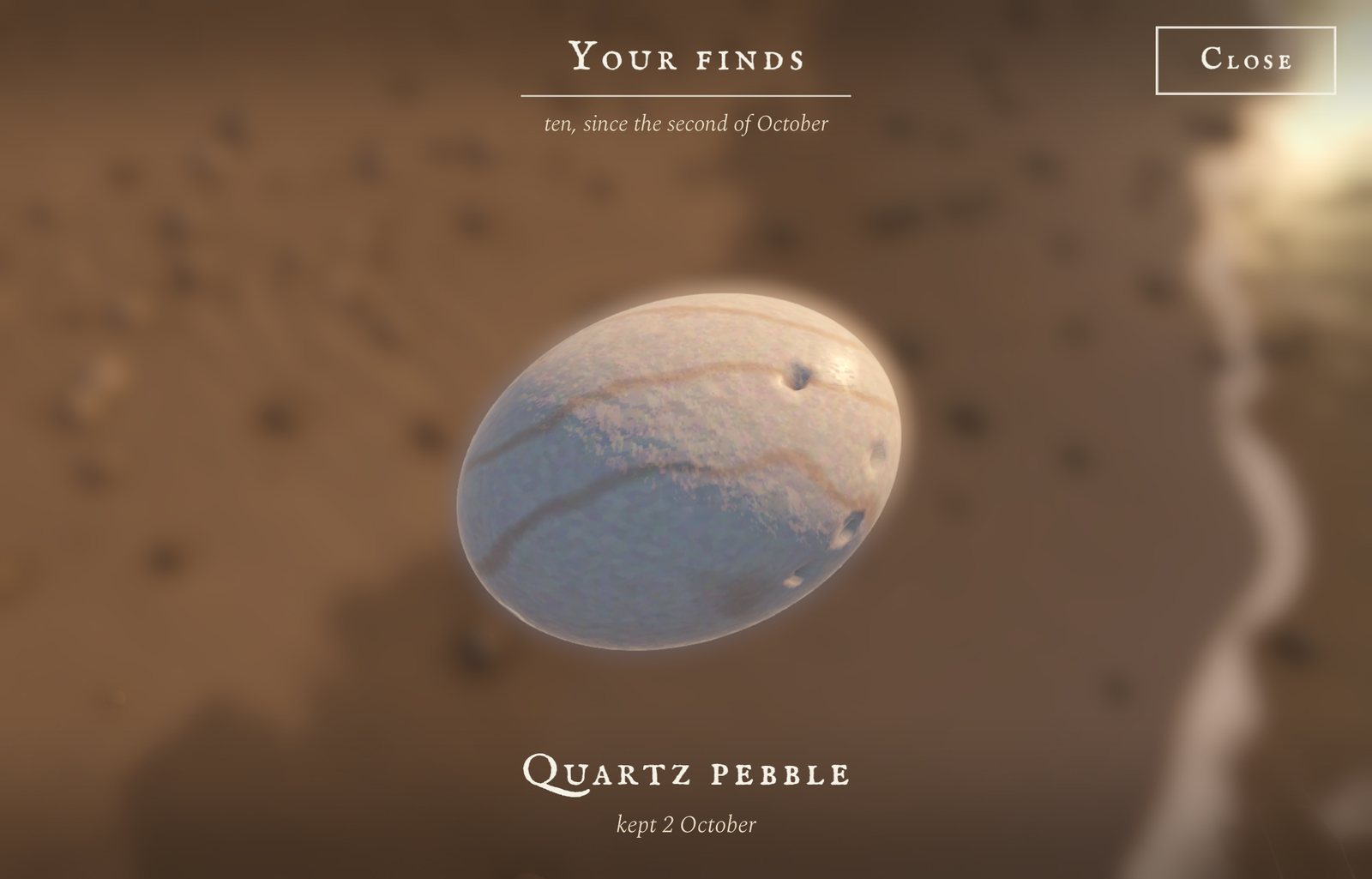 The collection: a quartz pebble brought forward, kept on the 2nd of October.